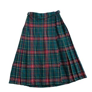Vintage Pure New Wool Tartan Plaid Kilt Skirt Green Red Made in Great Britain 10